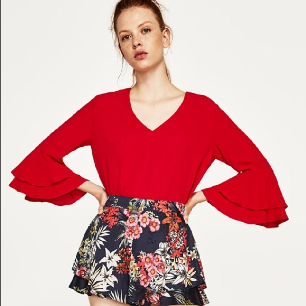 NWT Zara 3/4 Sleeve Ruffle Red Blouse Size Small
